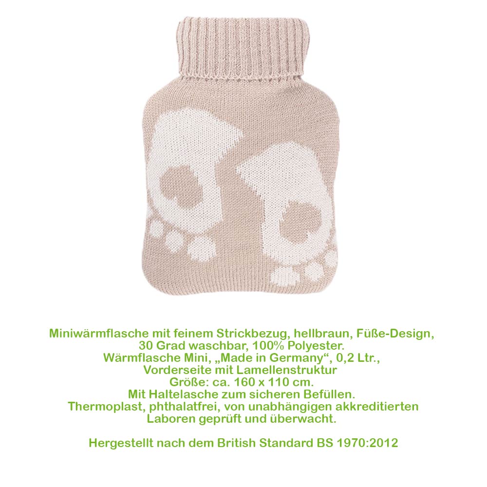 Hugo Frosch Mini Hot Water Bottle 0.2 L, Knitted Cover, Feet, Various. Colors