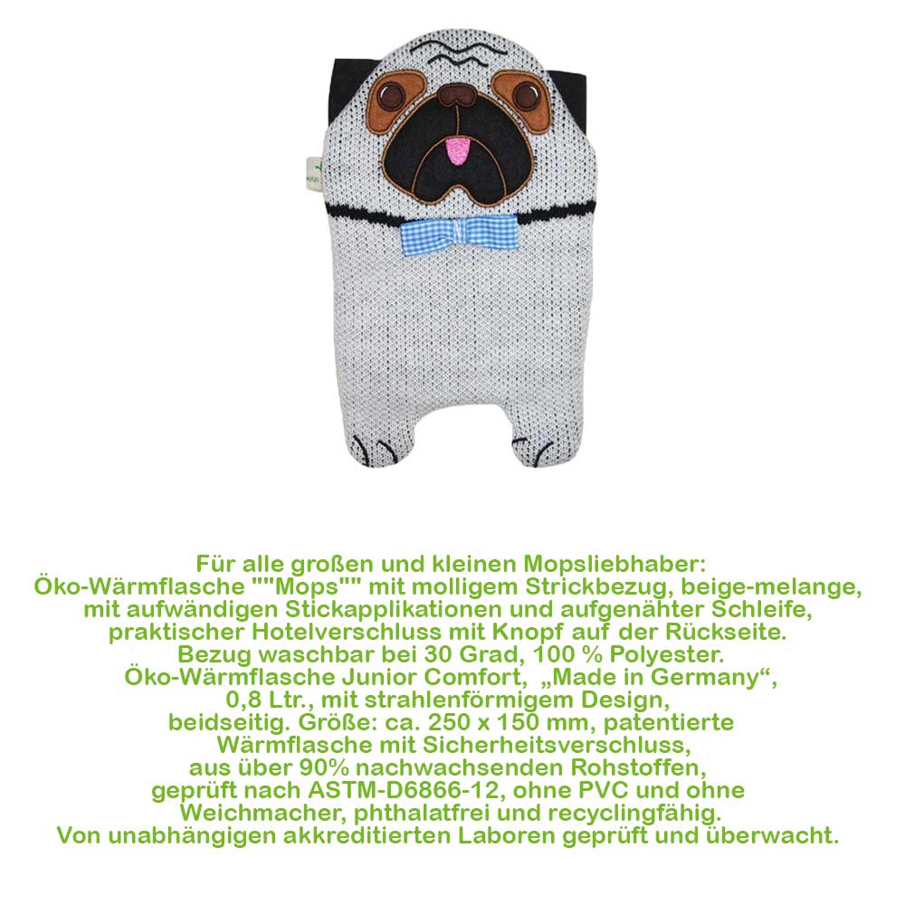 Hugo Frosch Eco Hot Water Bottle 0.8 L, Knitted Cover Pug