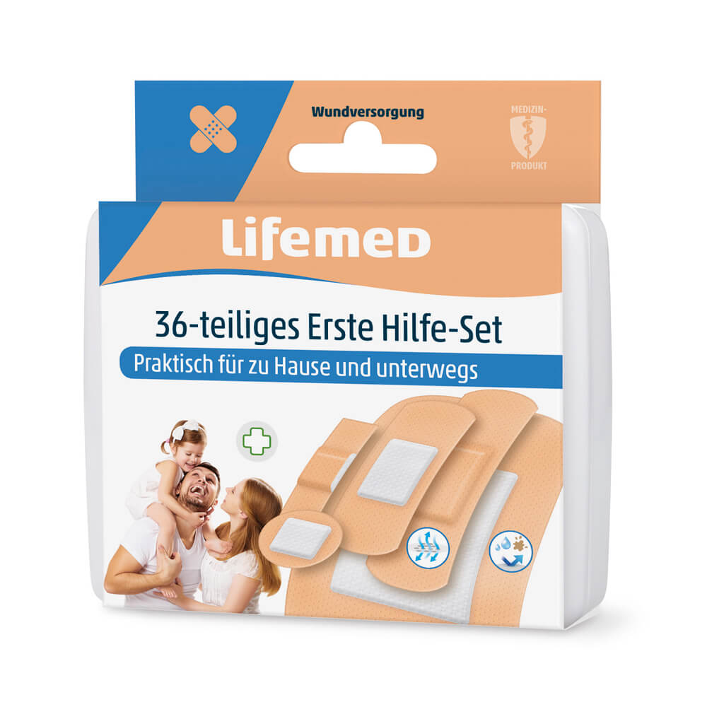 First aid kit, plaster set, by Lifemed®, 36 pieces, 5 sizes