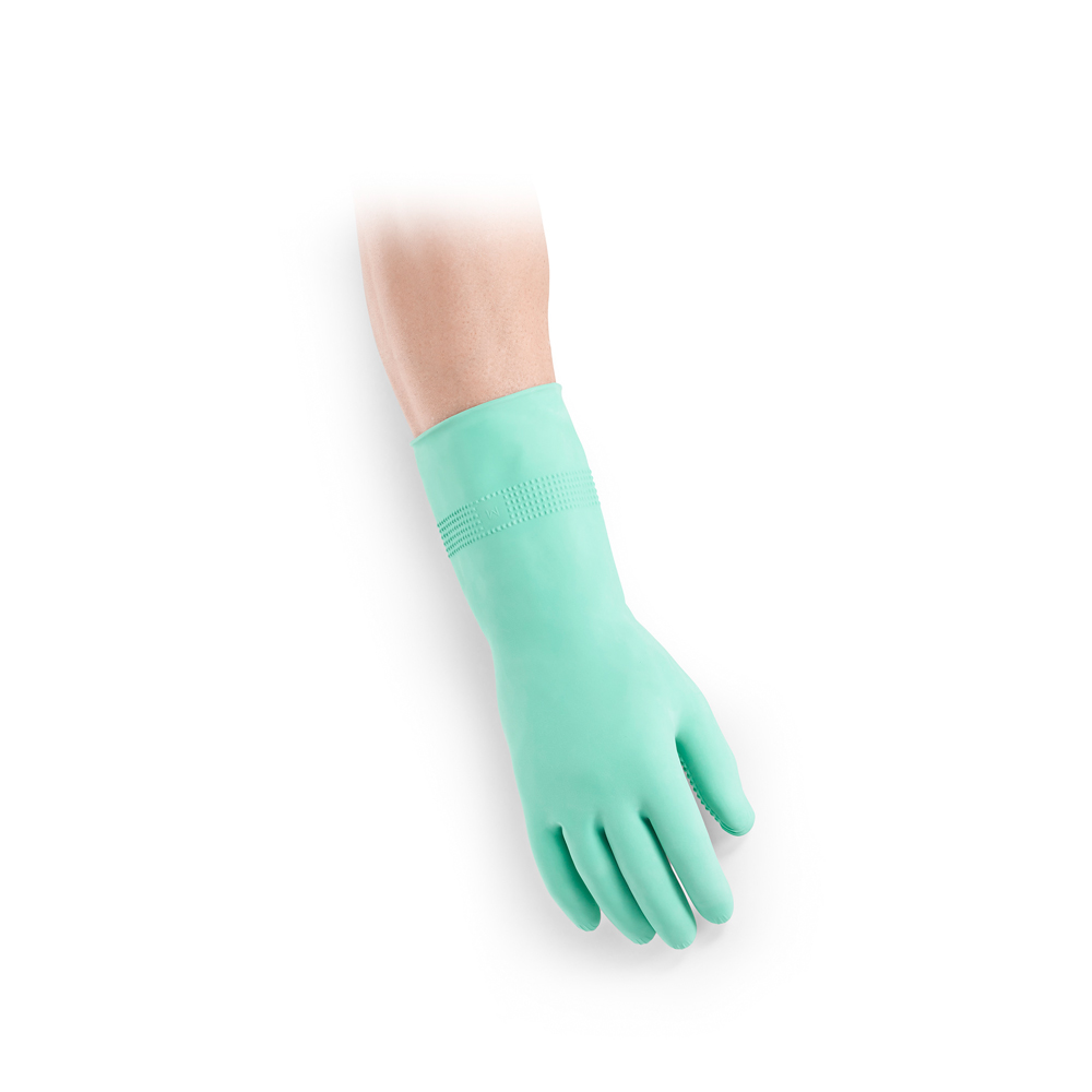 Behrend nopped glove, latex, cotton velor, green, S - L, 1 pair