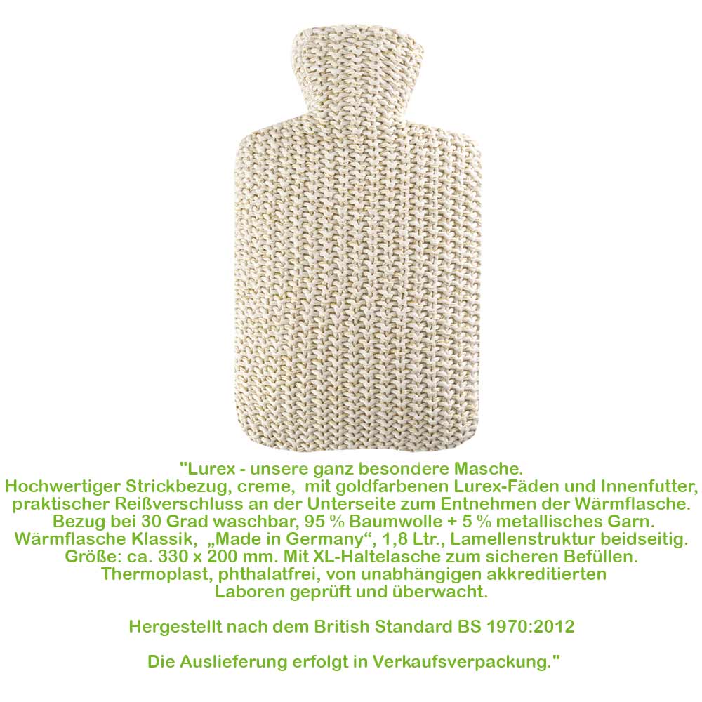 Hugo Frosch Classic Hot Water Bottle 1,8 L, Knitted Cover Lurex, various. Colors