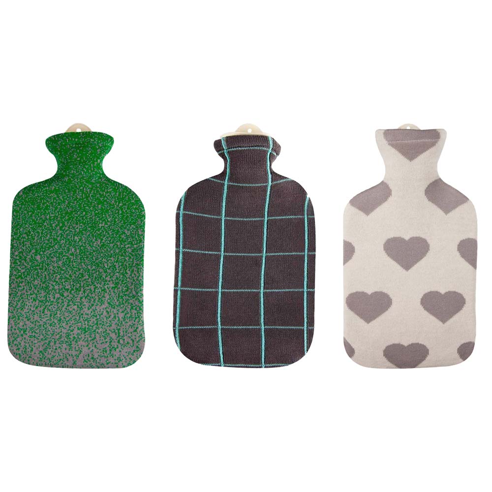 Hot water bottle with knitted cotton cover in different variants