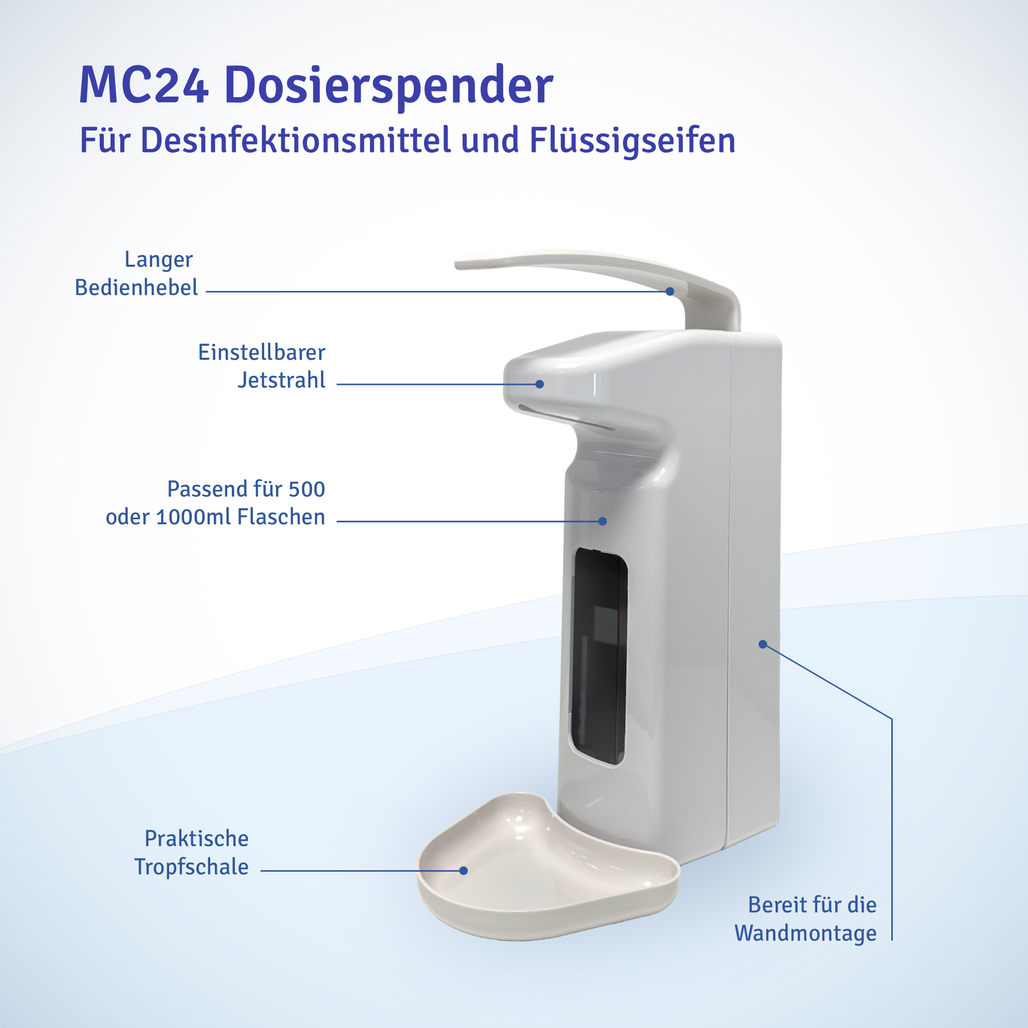 Dispenser with Long Arm Lever for 500 and 1000ml Euro Bottles, white