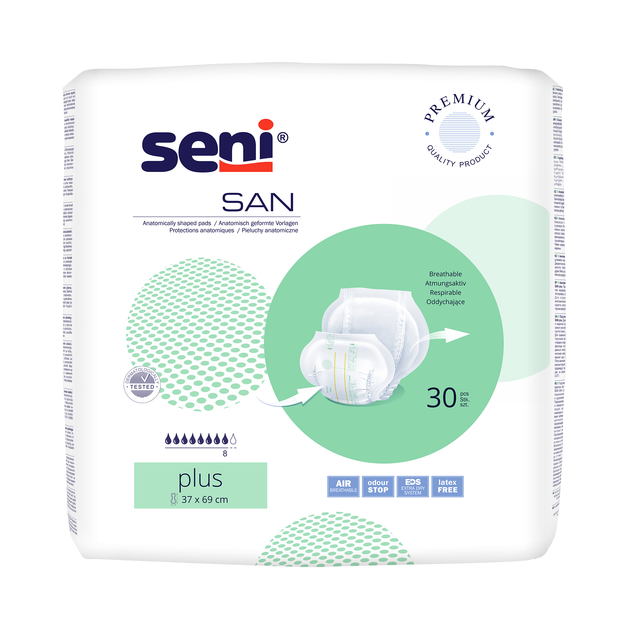 Seni San Plus Incontinence Pads 8 Drops, anatomically shaped, 30pcs