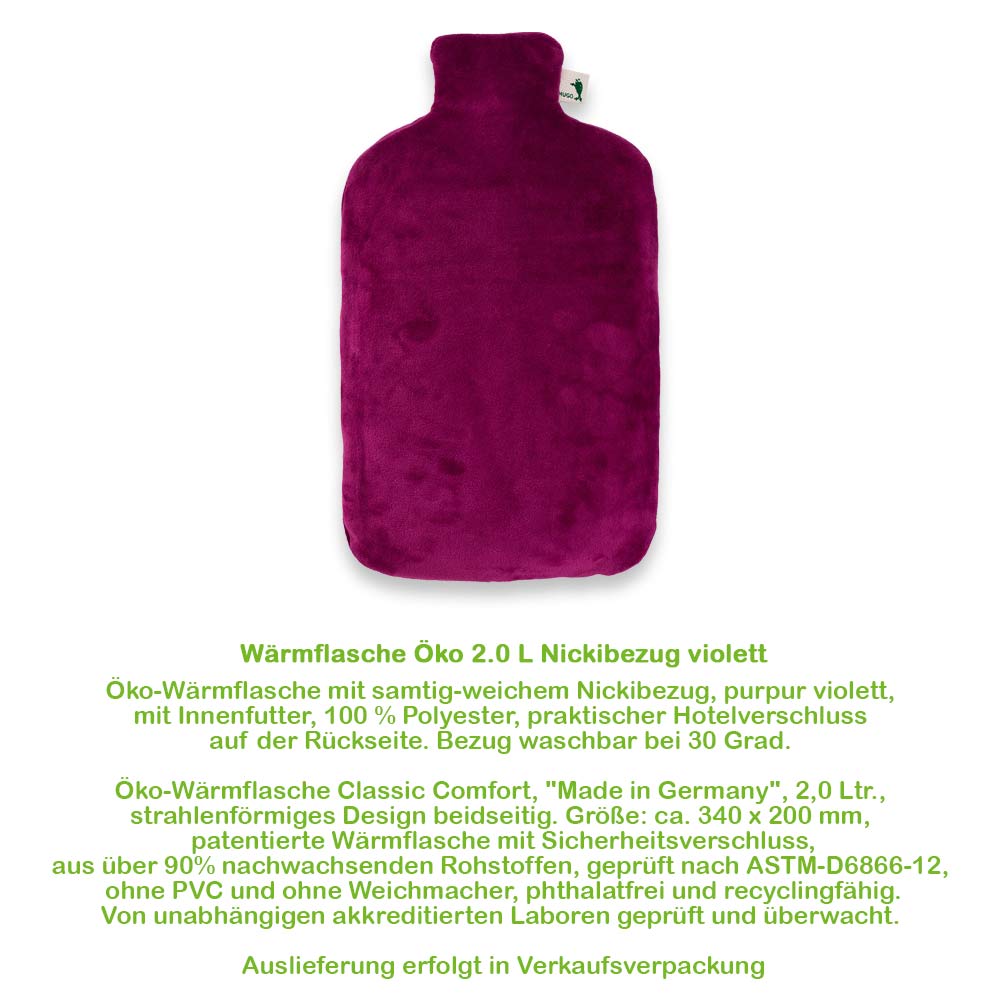 Hugo Frosch eco hot water bottle 2,0 L, velvet cover, various. Colors