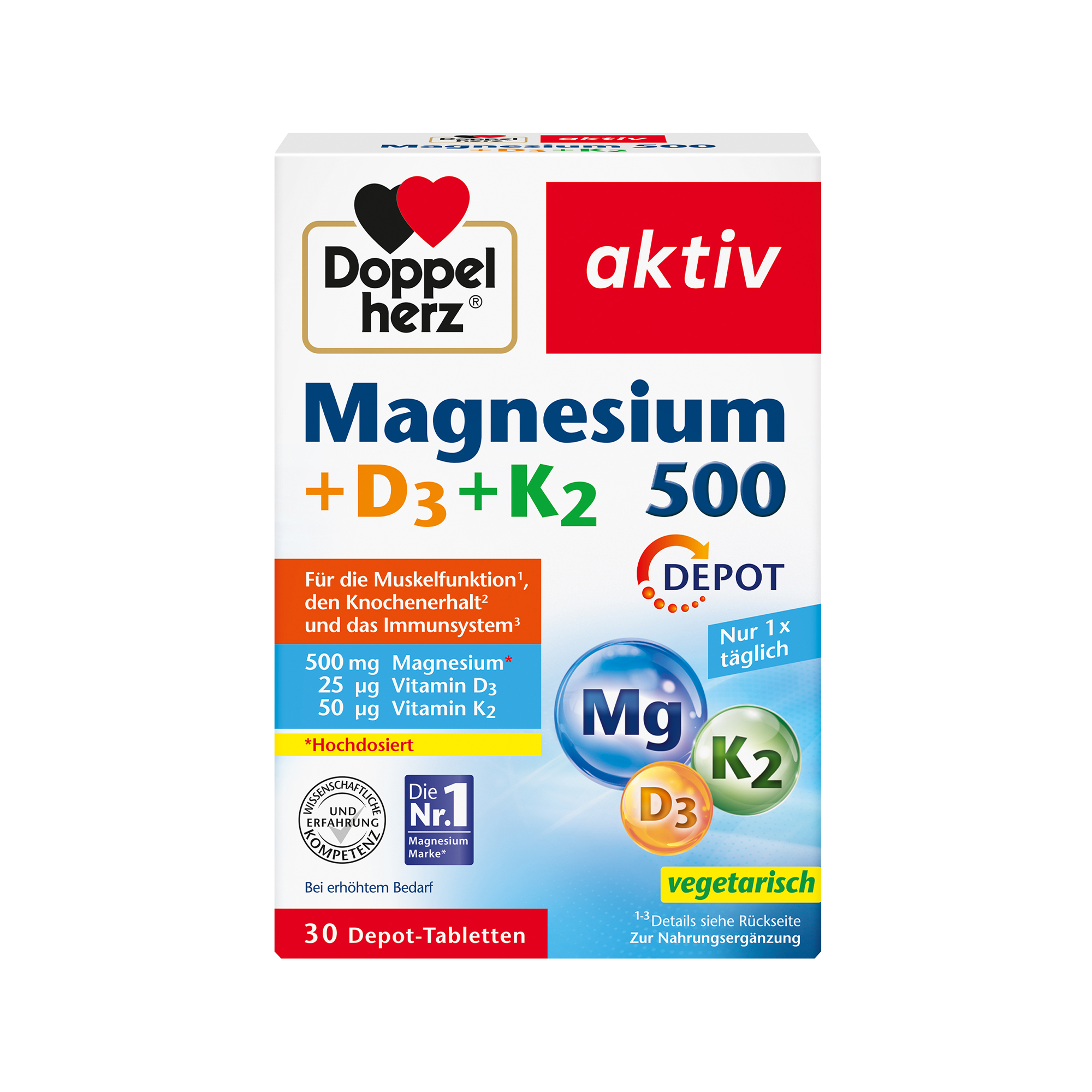 Doppelherz aktiv Magnesium 500 + D3 + K2 Depot, 30 Tablets