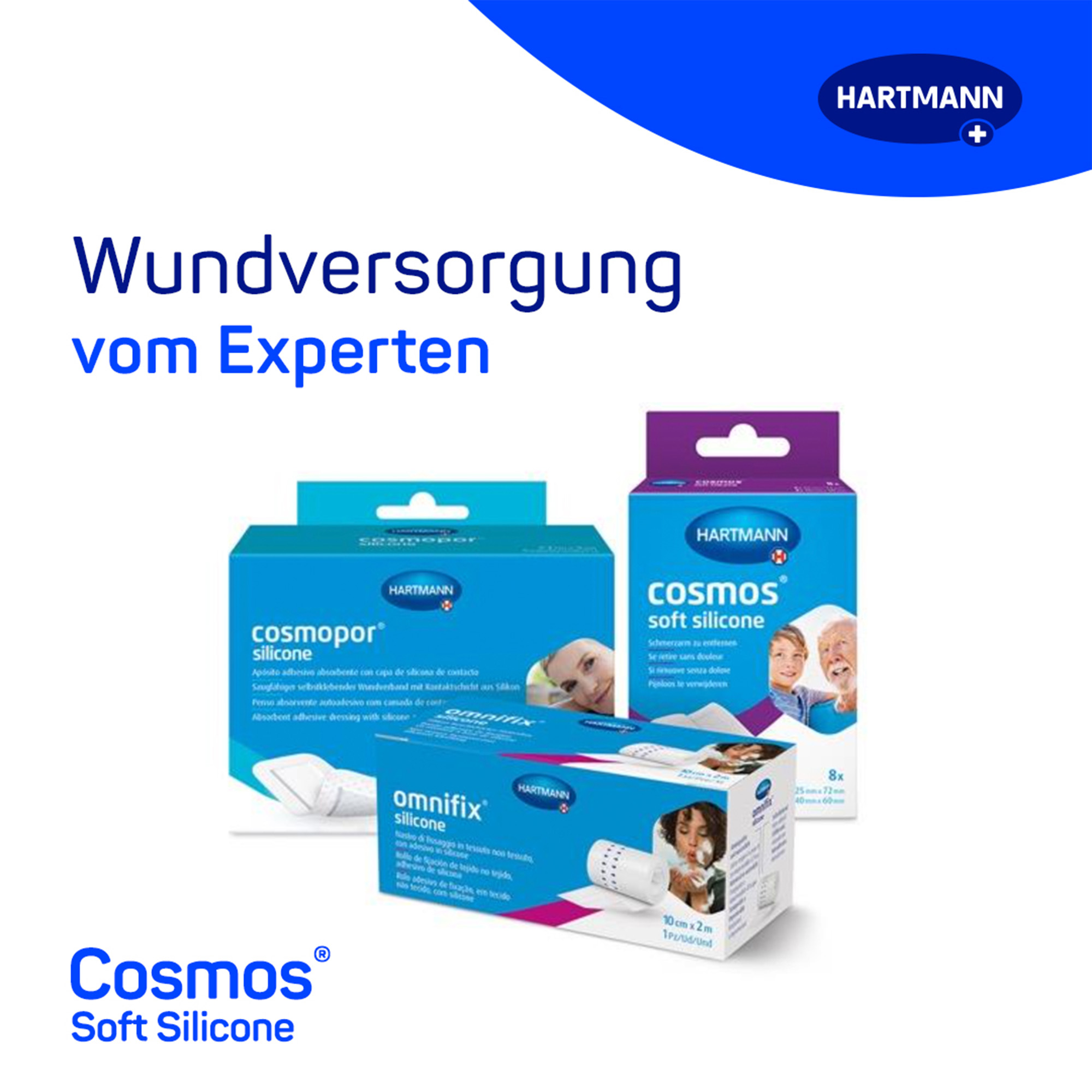 Hartmann Cosmos® soft silicone plaster strips in 2 different sizes, in a folding box