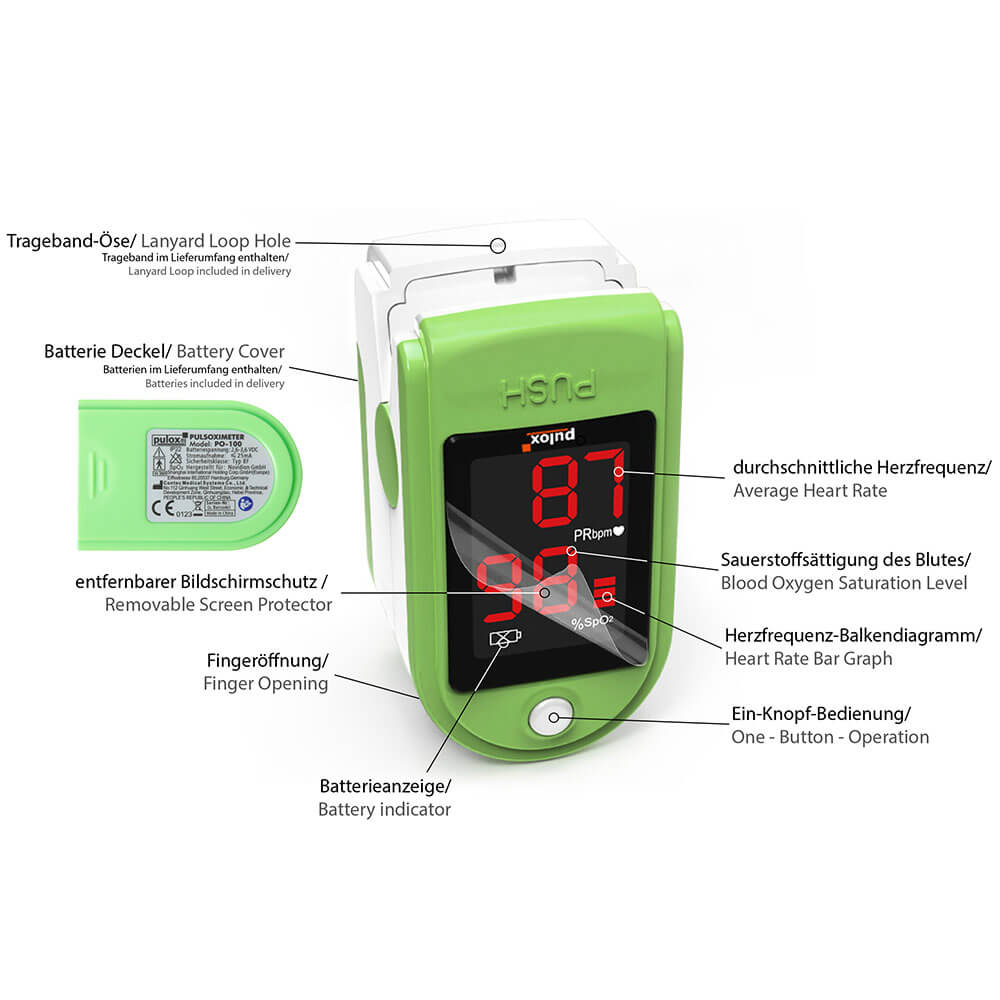 Pulox Finger Pulse Oximeter PO-100, with LED display, various. colors