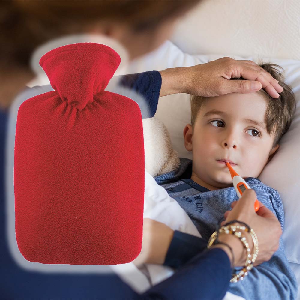 Hugo Frosch Classic Hot Water Bottle 1.8 L, Fleece Cover, Red or Blue