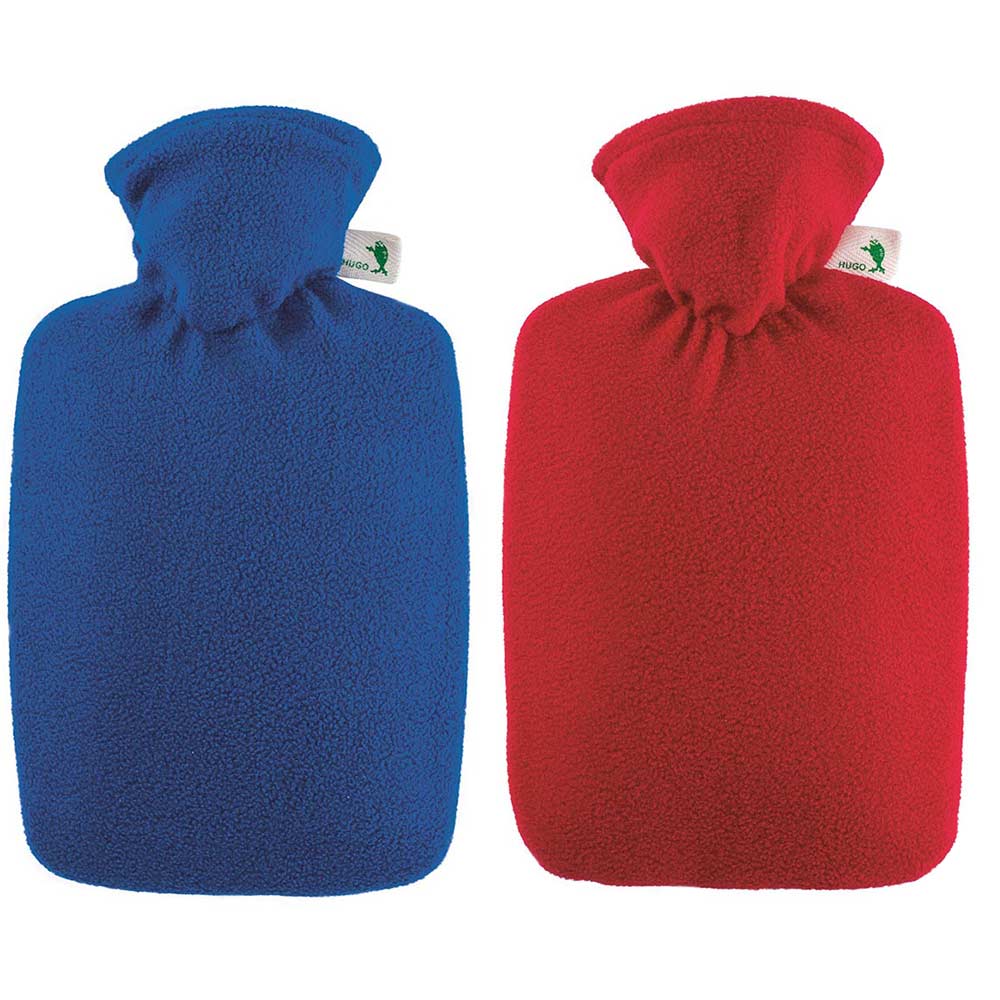 Hugo Frosch Classic Hot Water Bottle 1.8 L, Fleece Cover, Red or Blue