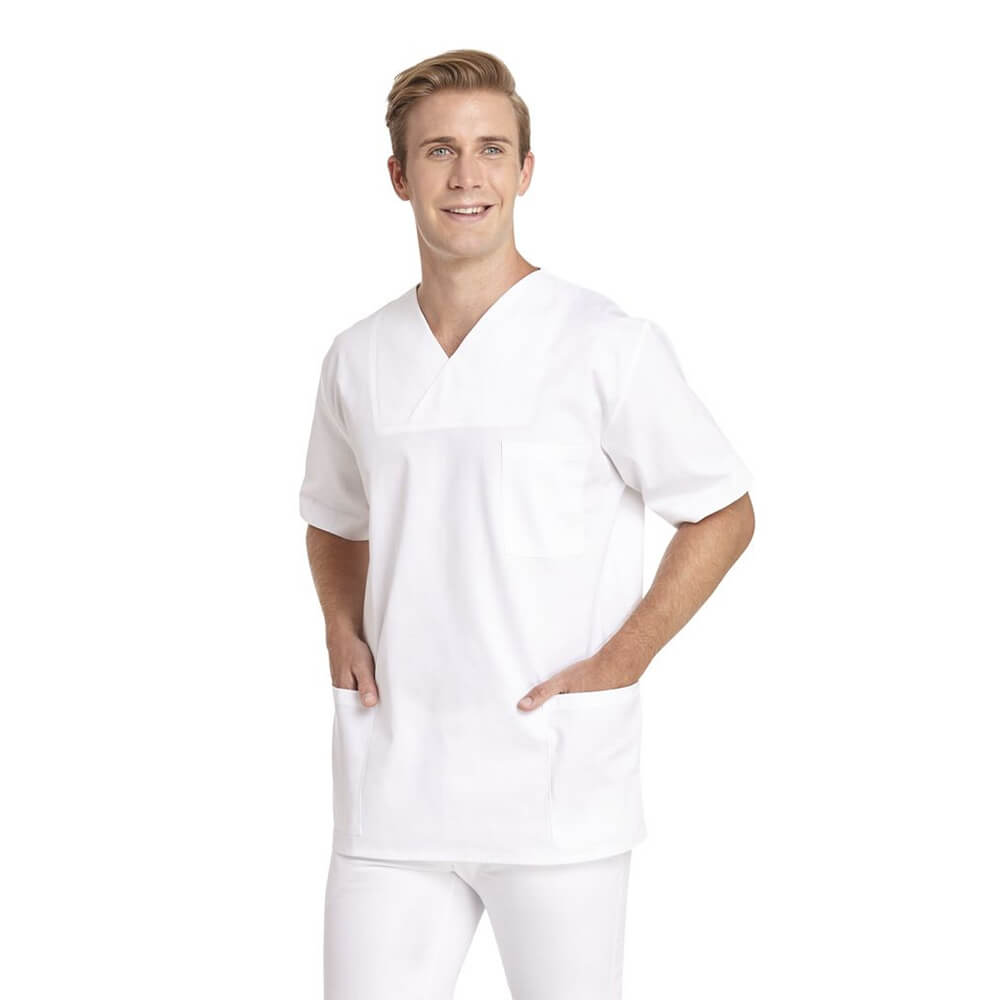 Leiber slip-on casaques, unisex, short sleeve, 2 side & 1 chest pocket, white, size XS-3XL