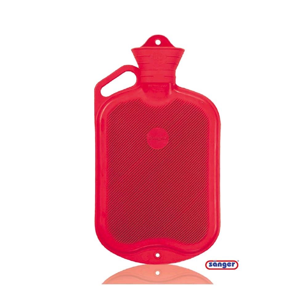 Hot water bottle with handle, 2 liter, natural rubber, half fins, red