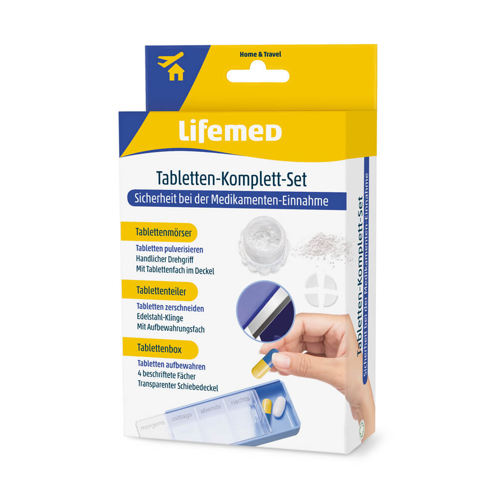 Tablet set, tablet box, mortar, divider, by Lifemed®.