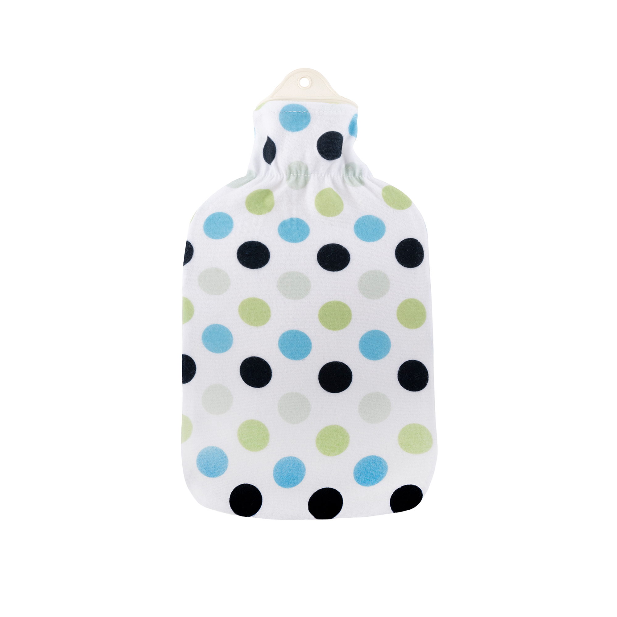 Sänger 2.0 Liter Hot Water Bottle with Fleece Cover, blue/green "Dots"