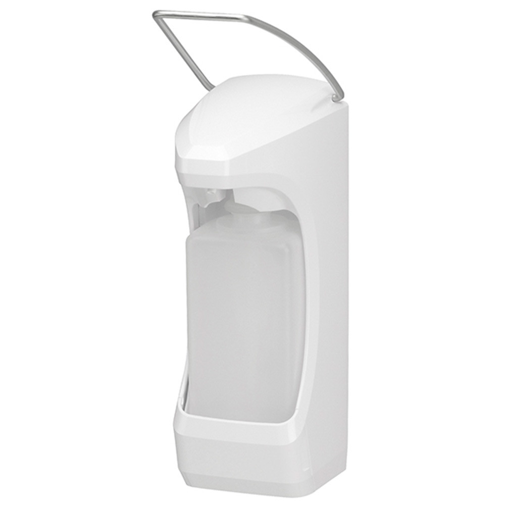 Disinfectant dispenser with arm lever & drip tray, 500ml euro bottle