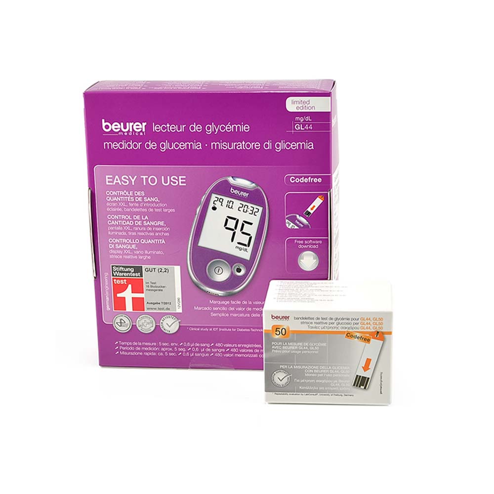 Blood Sugar Meter GL 44 by Beurer, mg/dl, 50 test stripes, purple
