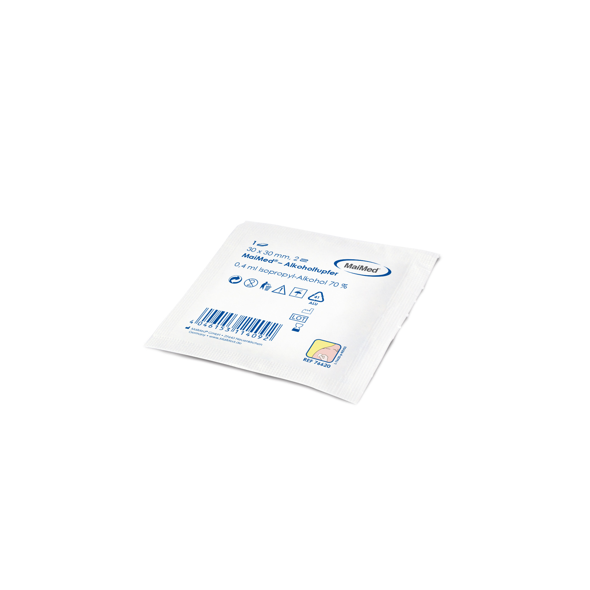 MaiMed Alcohol Swabs, 30x30mm, white, double-layered, 100 pcs.