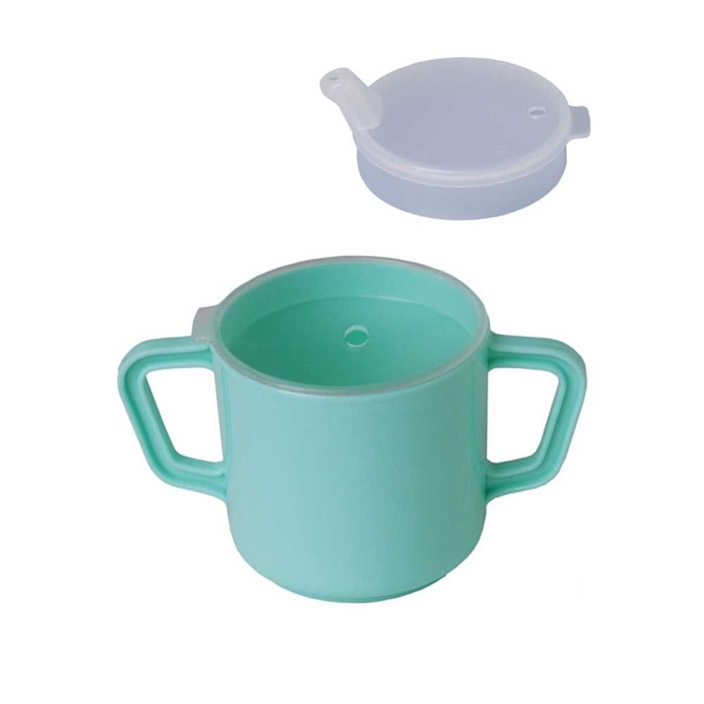 Behrend drinking cup with cover, plastic, 2 handles, green