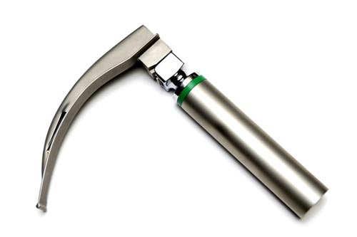 The laryngoscope consists of a metal handle and a curved mirror.