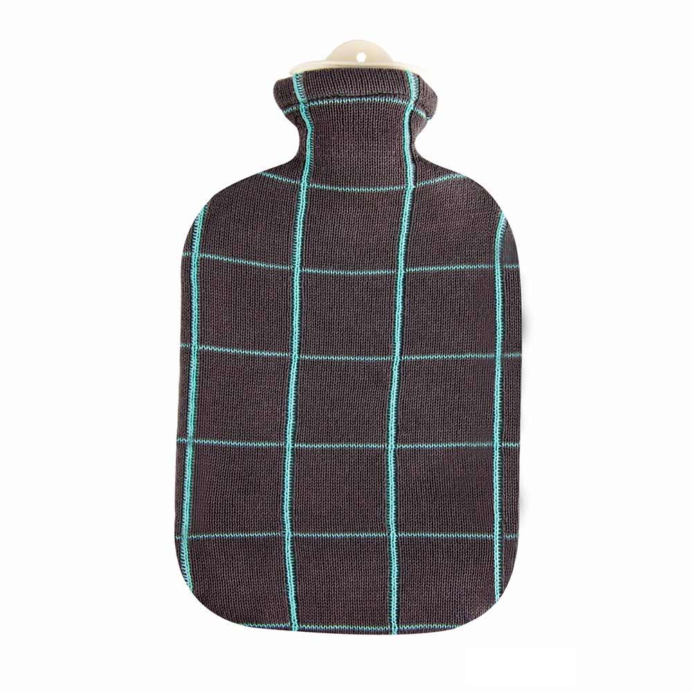 Hot water bottle "plaid turquoise", with knitted cotton cover