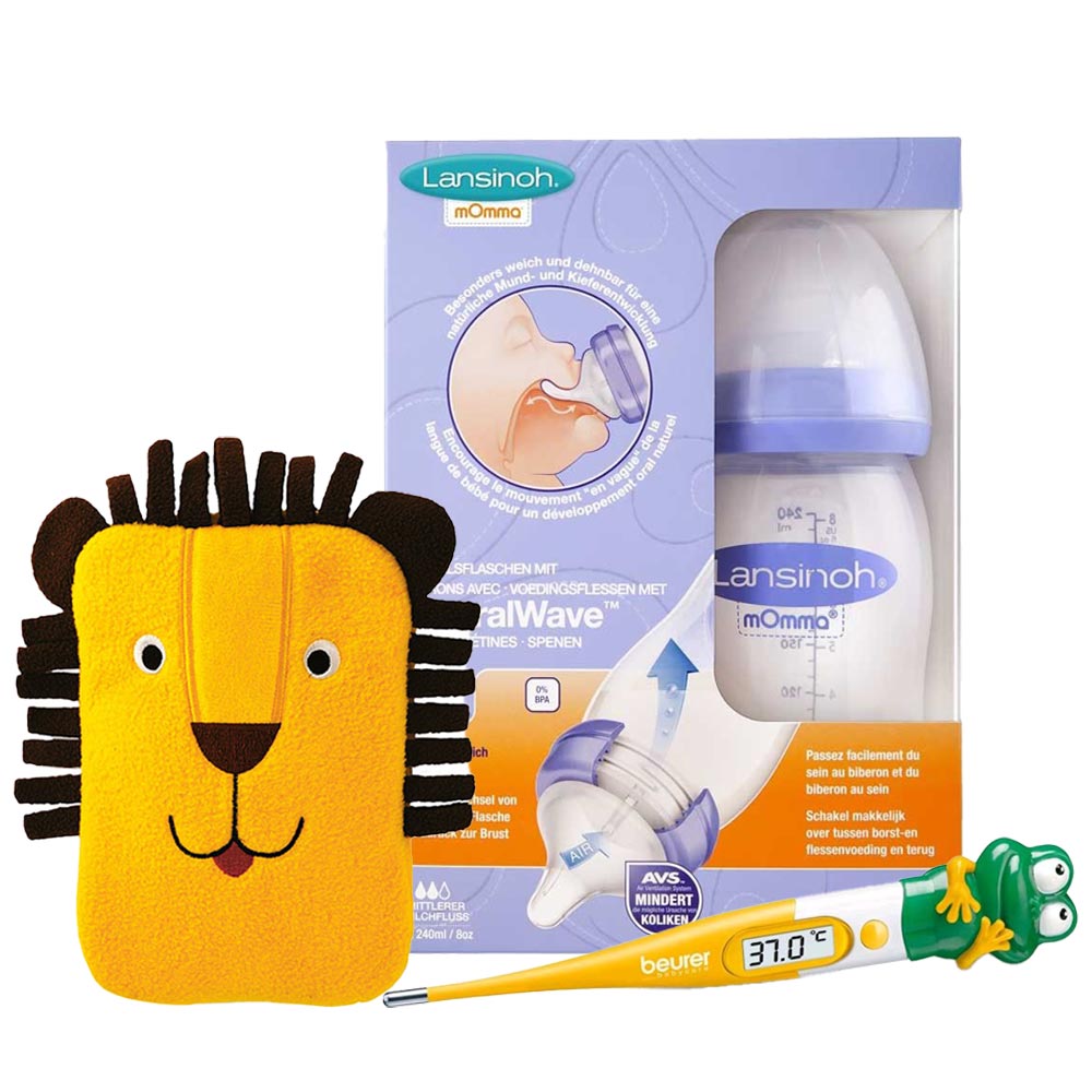 Baby set with baby bottle, fever thermometer and small hot water bottle