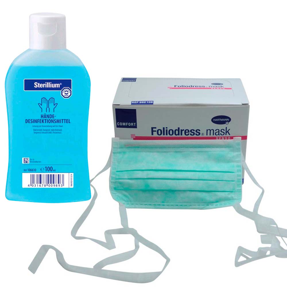 Pandemic protection set with masks for binding, hand disinfectant