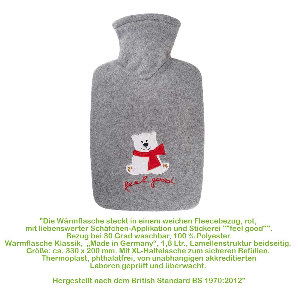 Hugo Frosch Classic hot water bottle 1.8 L, fleece cover "feel good", gray or red