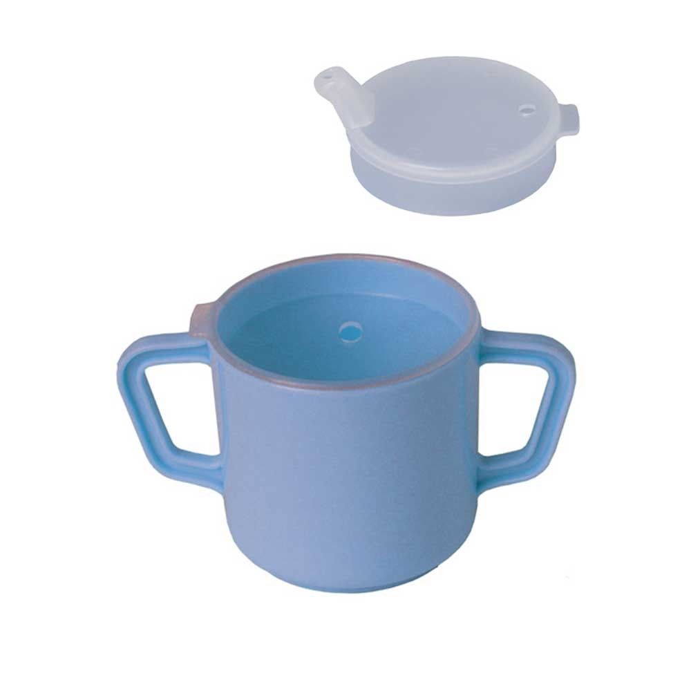 Behrend drinking cup with cover, plastic, 2 handles, blue