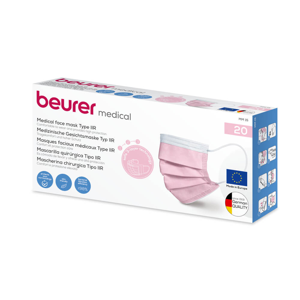 Medical masks, mouth guard, 3-ply, Beurer, pink, 10 pieces