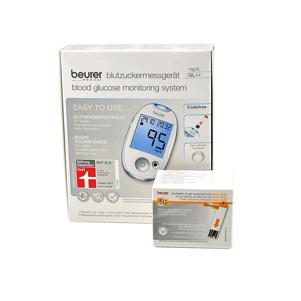 Blood Sugar Meter GL 44 by Beurer, mg/dl, 50 test stripes, white