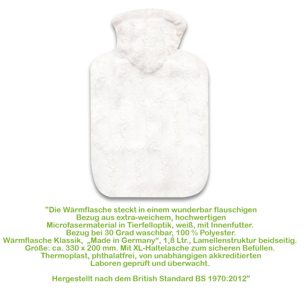 Hugo Frosch Classic Hot Water Bottle 1.8 L, fleece cover, animal fur look, white