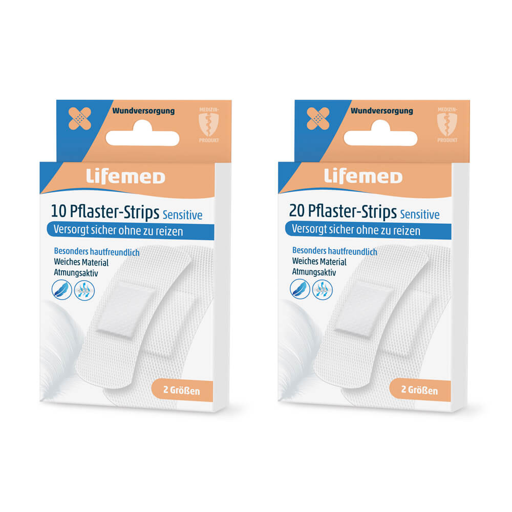 Plaster strips Sensitive, white, from Lifemed®, 2 sizes