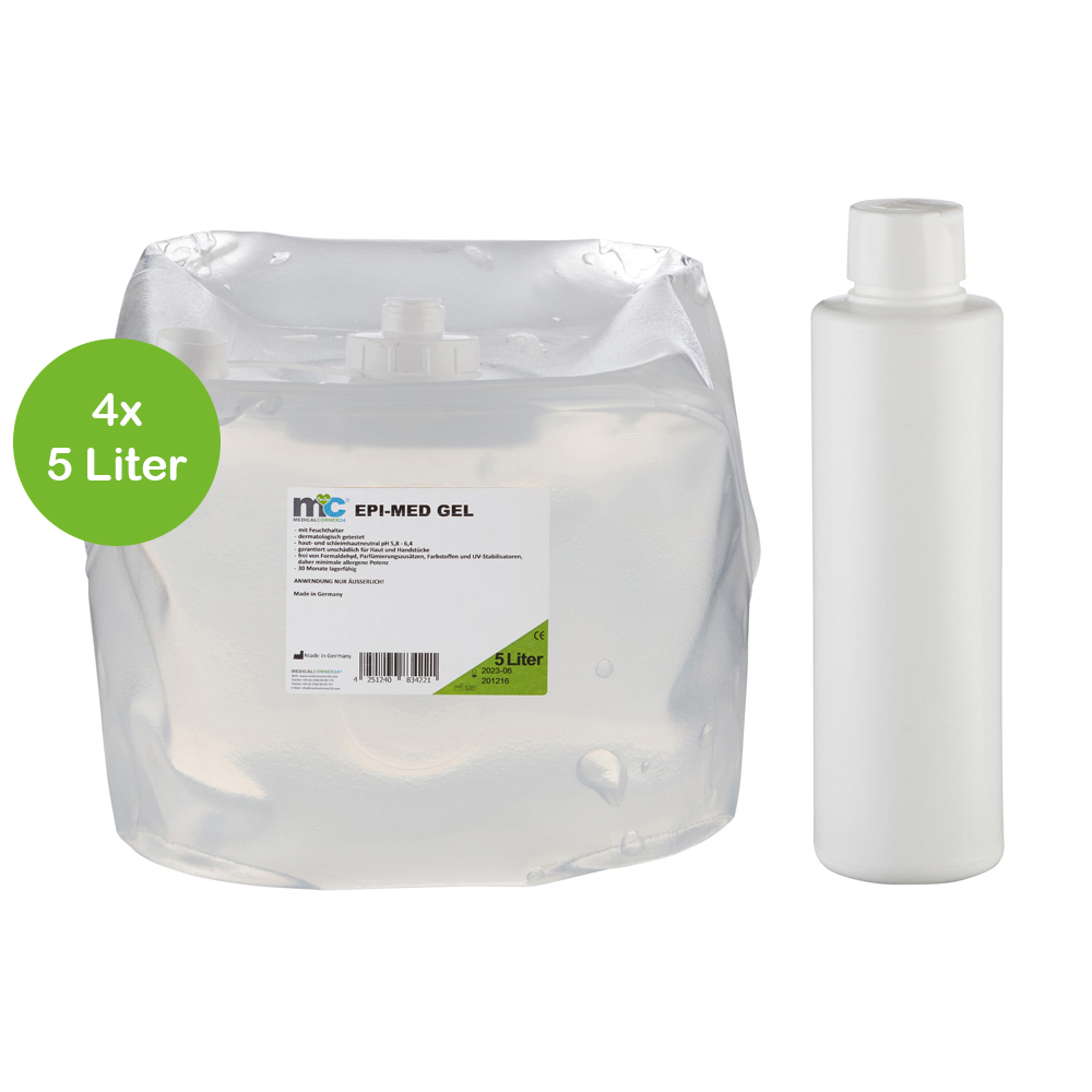 IPL Gel Epi-Med, 4 x 5 litre cubitainer and empty bottle