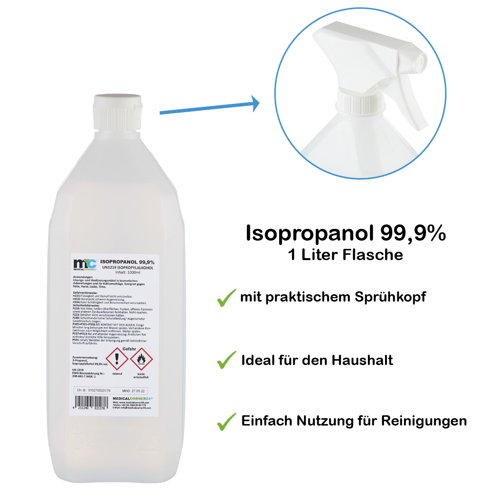 Medicalcorner24 99,9% isopropanol, isopropyl alcohol, spray bottle 1l