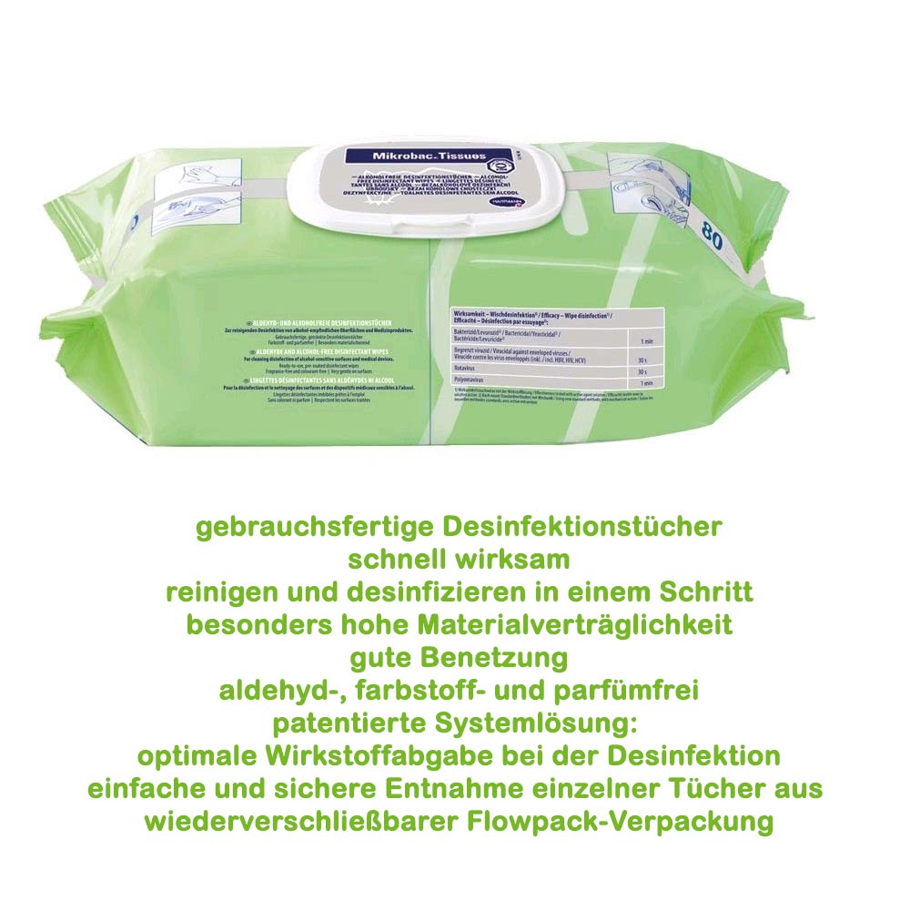 Mikrobac Tissues, Flow Pack with 80 wipes