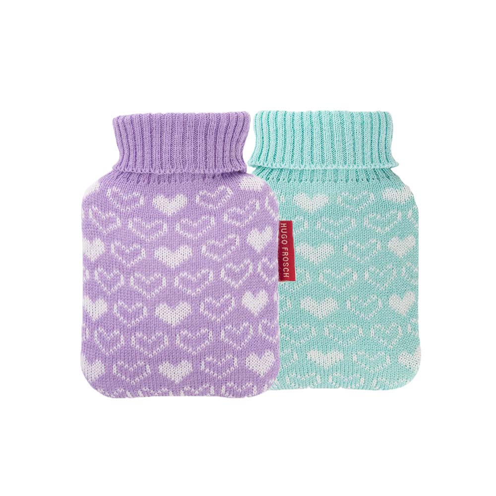 Hugo Frosch mini hot water bottle 0.2 L, knitted cover, various. Heart covers
