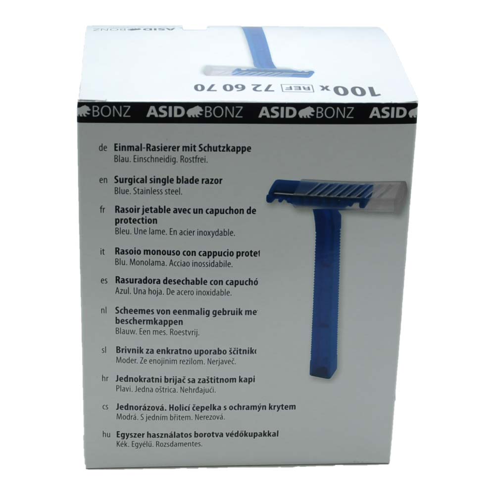 Asid Bonz Disposable Razor, stainless, protective cap, 100 items, blue