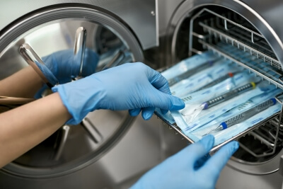 Doctor removing dental probe from sterilization device Sterilization film for autoclaves