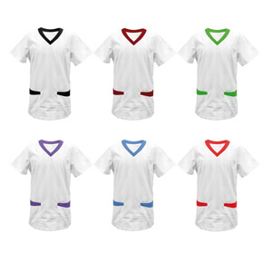 Scrubs in white with a colorful collar and two side pockets
