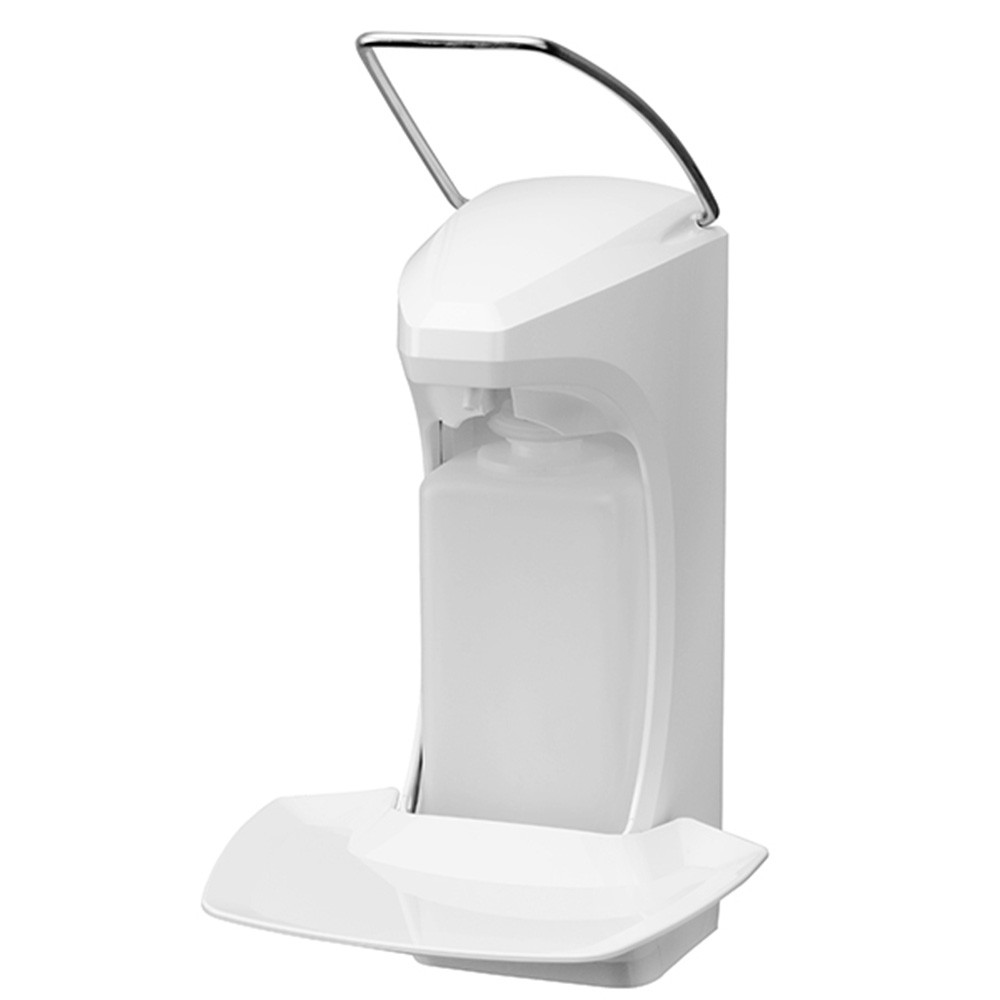 Disinfectant dispenser with arm lever & drip tray, 500ml euro bottle