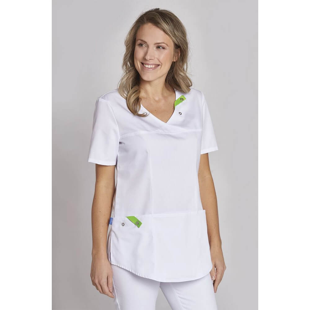 Leiber Slip-on Casaques for ladies, short sleeve, large 3-part pocket, white, size S