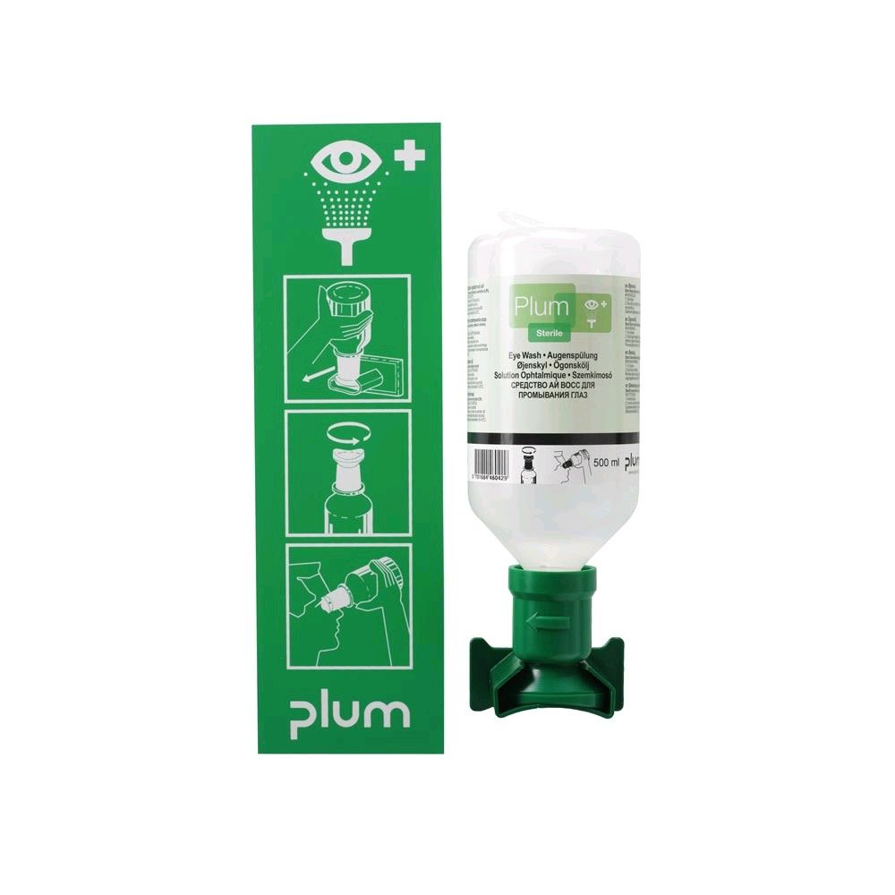 Plum Eye Wash Station with wall bracket and pictogram with 500ml bottle