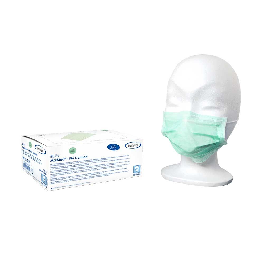 FM Comfort Surgical Mask, lace-up, by MaiMed, 3 layers, 50 items, green
