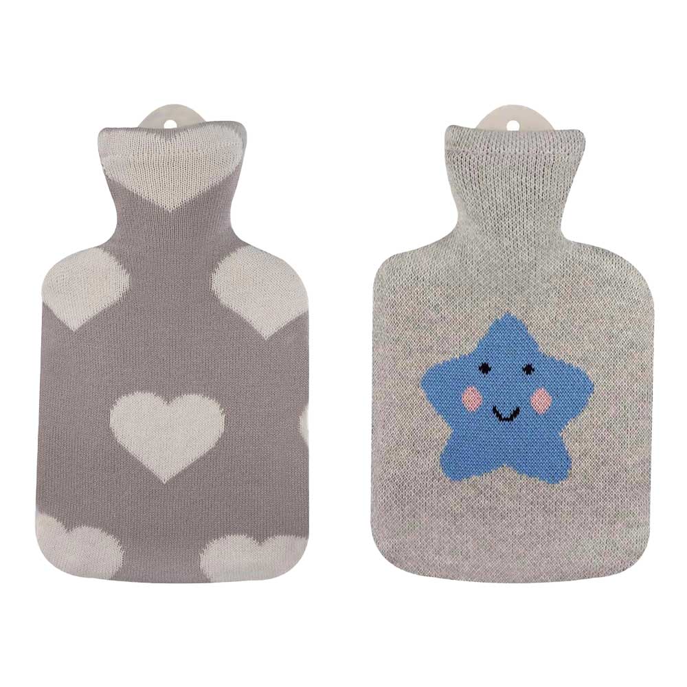 Hot water bottle with knitted cotton cover in different variants