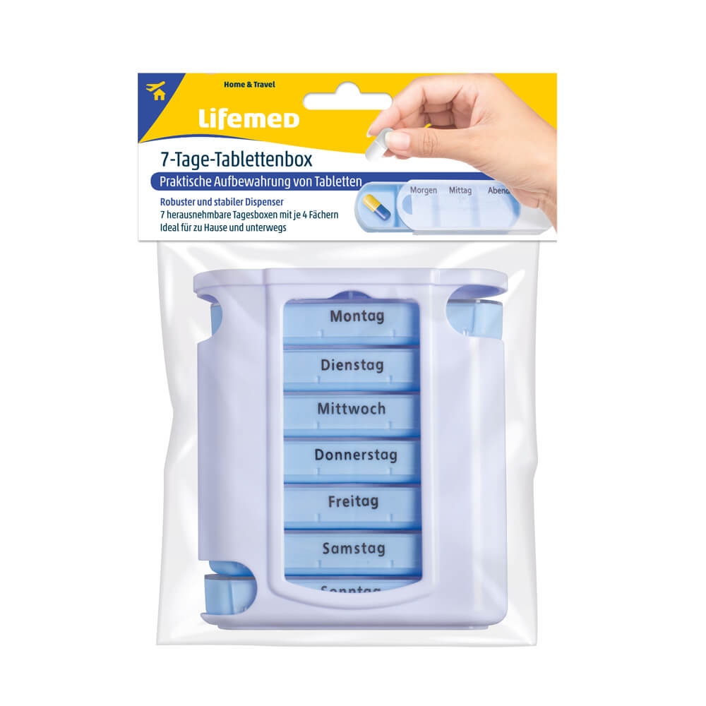 7 days pill box, colored, by Lifemed®, 12,8 x 11,2 x 4,2 cm