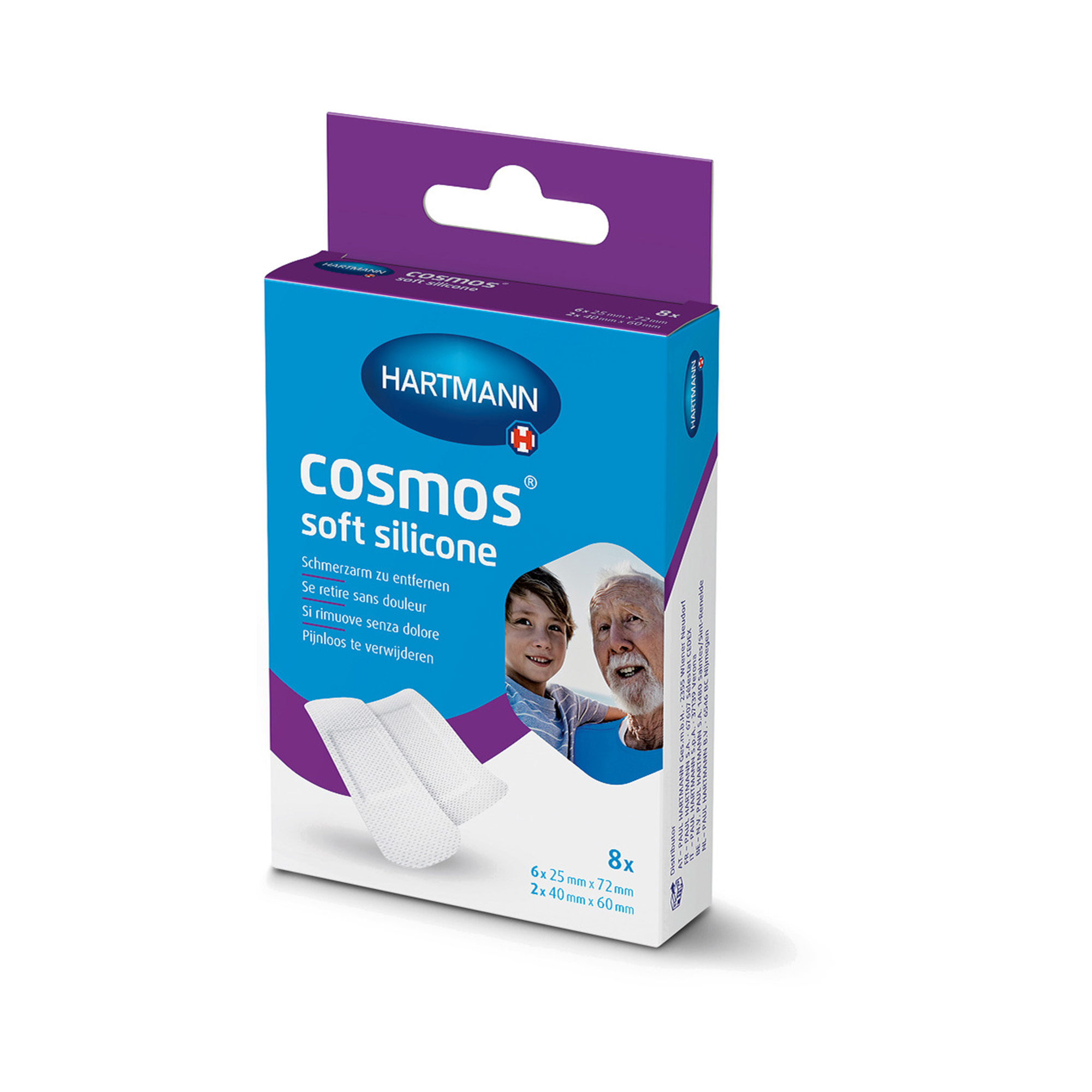 Hartmann Cosmos® soft silicone plaster strips in 2 different sizes, in a folding box