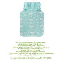 Hugo Frosch mini hot water bottle 0.2 L, knitted cover, various. Heart covers